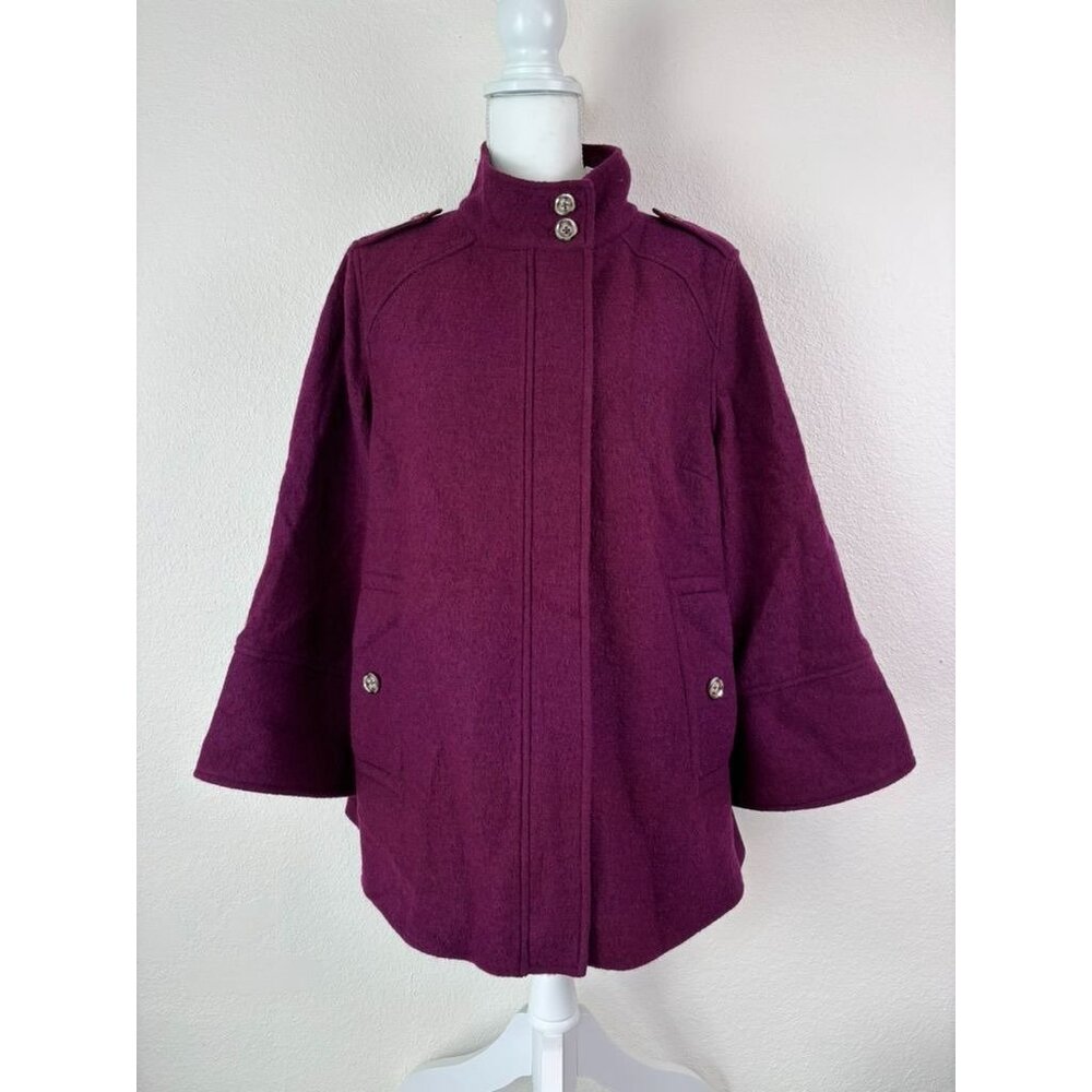 Chico's women's 2 large maroon boiled wool full zip lined wide sleeve jacket